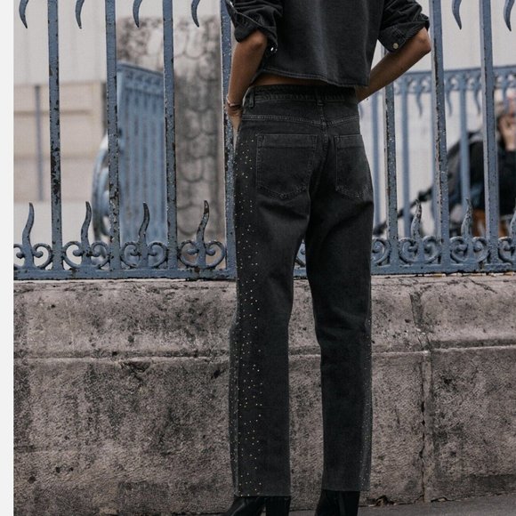 Zara STRAIGHT CUT BEADED ANKLE JEANS WITH A HIGH WAIST - Picture 7 of 11